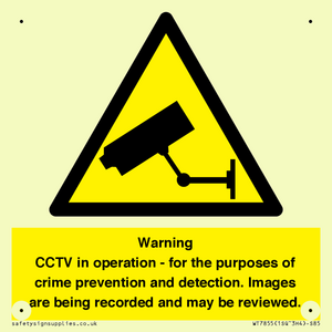 Warning CCTV in operation - for the purposes of crime prevention and detection. Images are being recorded and may be reviewed.